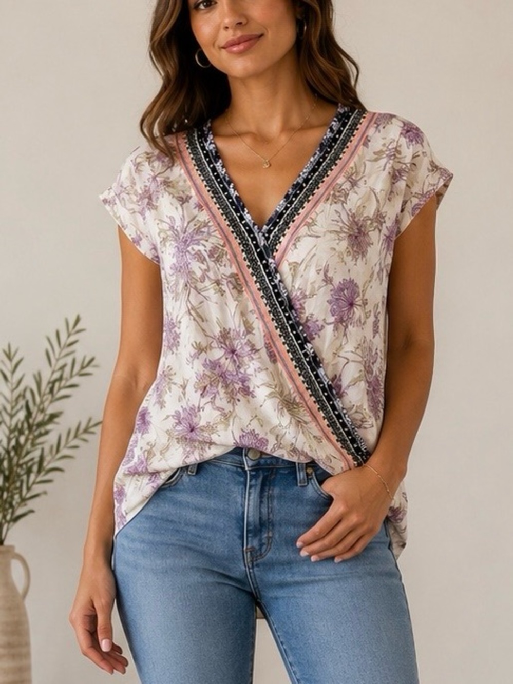 Express Lavender/ Cream Floral Wrap V-Neck Blouse with Contrasting Trim